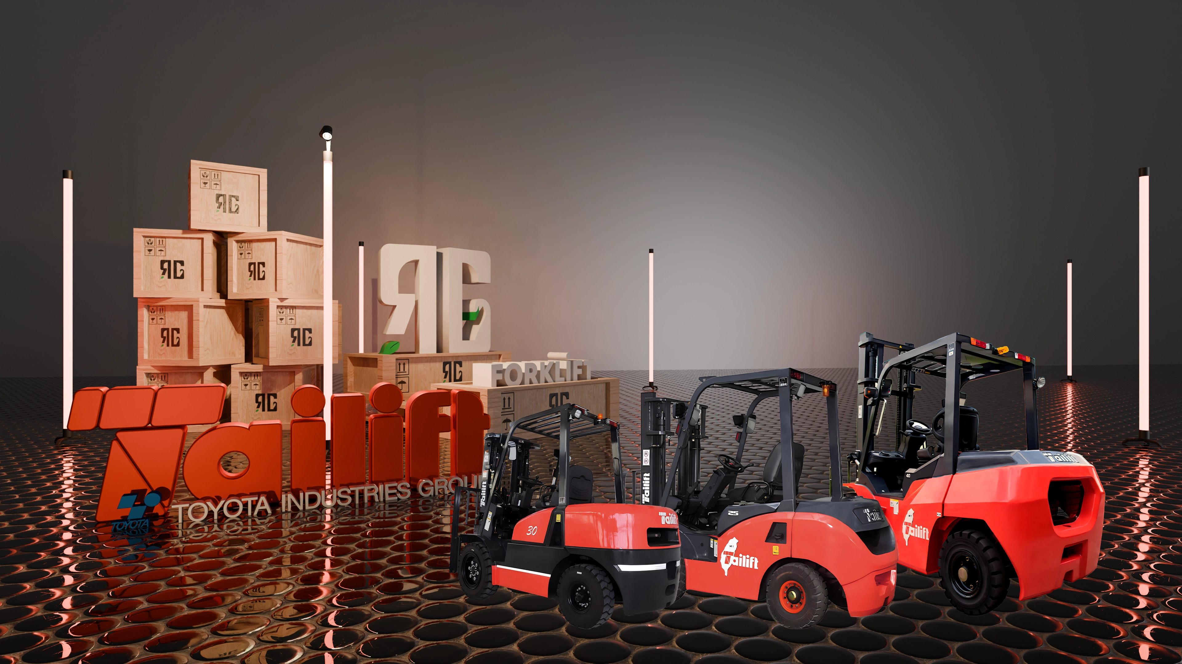 Tailift forklift filosu; dizel, LPG ve elektrikli modeller bir arada, depo ve dış saha operasyonlarında çalışırken — RG Forklift satış, kiralama ve servis desteği.
