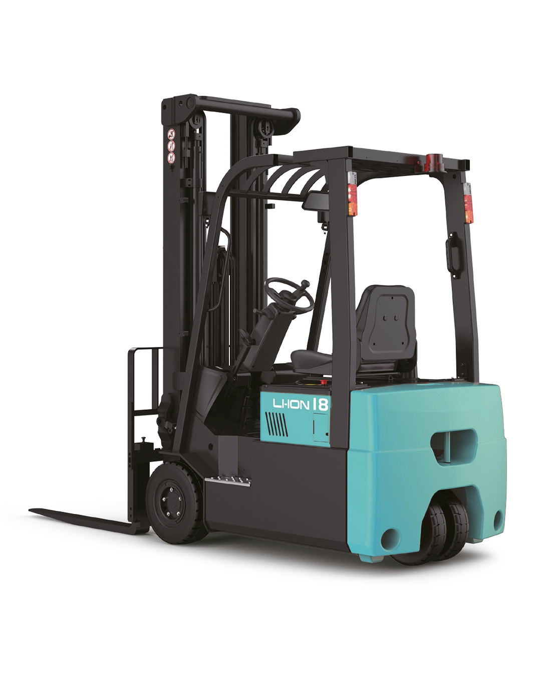 CPD15TVL 1,5 ton Li-ion elektrikli forklift, 5 m kaldırma yüksekliği ve kompakt 3 teker şasili yapısıyla RG Forklift deposunda istifleme yaparken görülüyor.