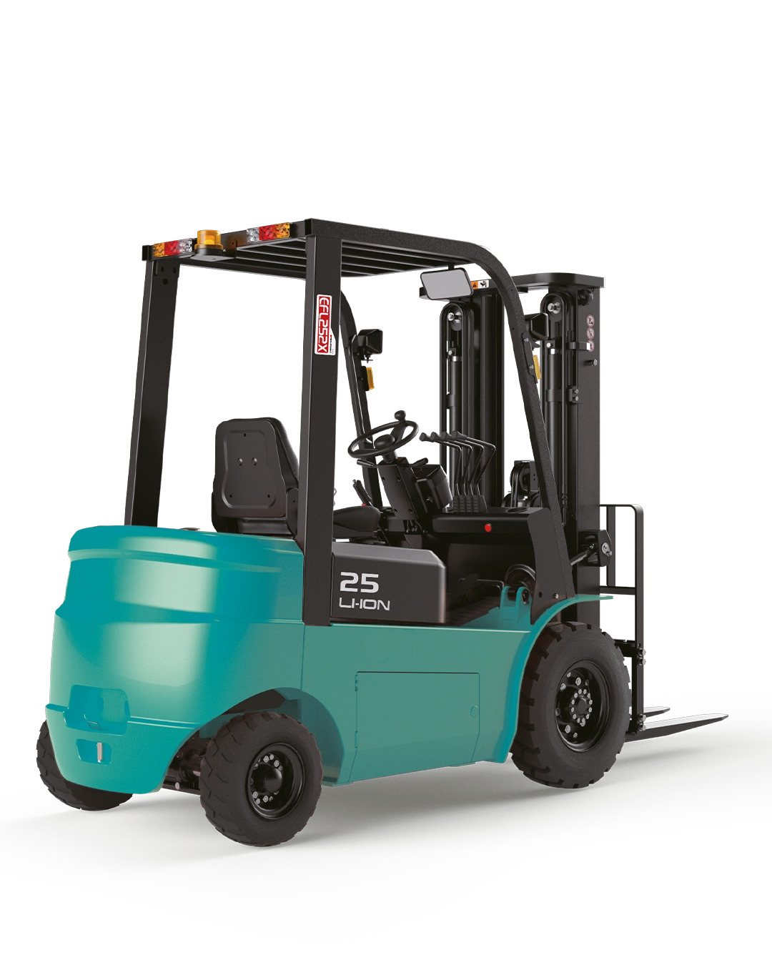 EFX3-251 2,5 ton elektrikli forklift; 3000 mm kaldırma yüksekliği, 80V/150Ah akü ve solid lastik yapısıyla fabrika içi ağır paletli yük operasyonlarında verimli ve dengeli çözümler sunar.