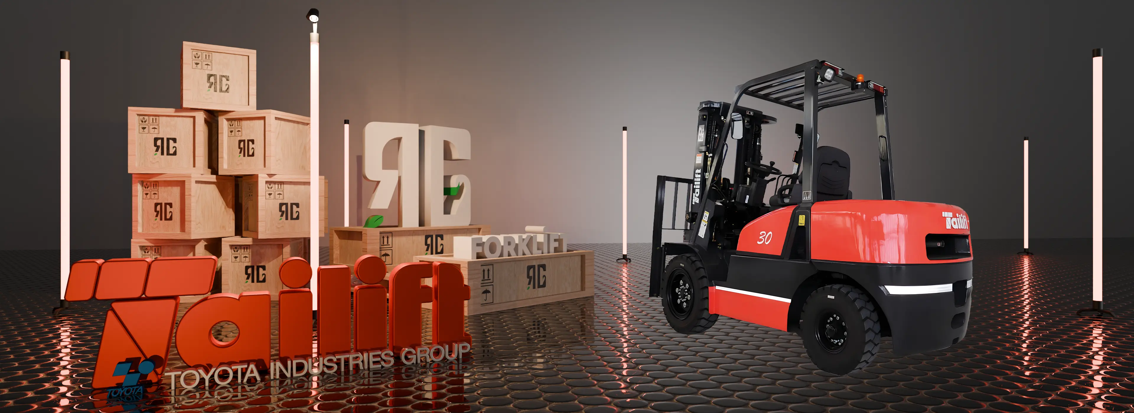 FD30 dizel forklift, rampada 3 tonluk yükü kaldırırken güçlü motor performansı ve dengeli şasi yapısı ile çalışıyor — RG Forklift.